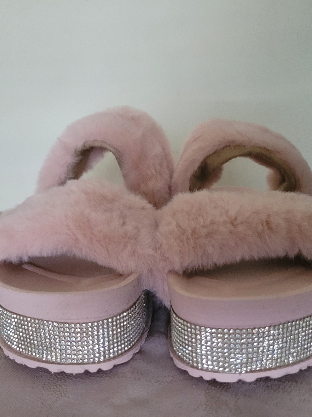 Anna Pink Faux-Fur Slide Sandals with Rhinestone Platform